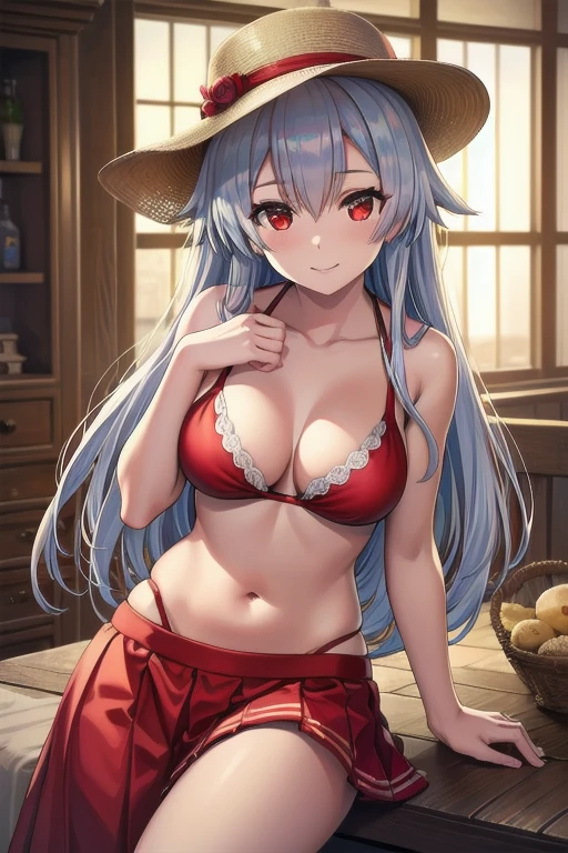 a beautiful detailed portrait of tomoe gozen, torino style, 1 girl, with red eyes, cute smile, silver hair partially covering her eyes, wearing a white and red bikini top with a puffy red skirt and a panama hat, (best quality,4k,8k,highres,masterpiece:1.2),ultra-detailed,(realistic,photorealistic,photo-realistic:1.37),vibrant colors,dramatic lighting,intricate details