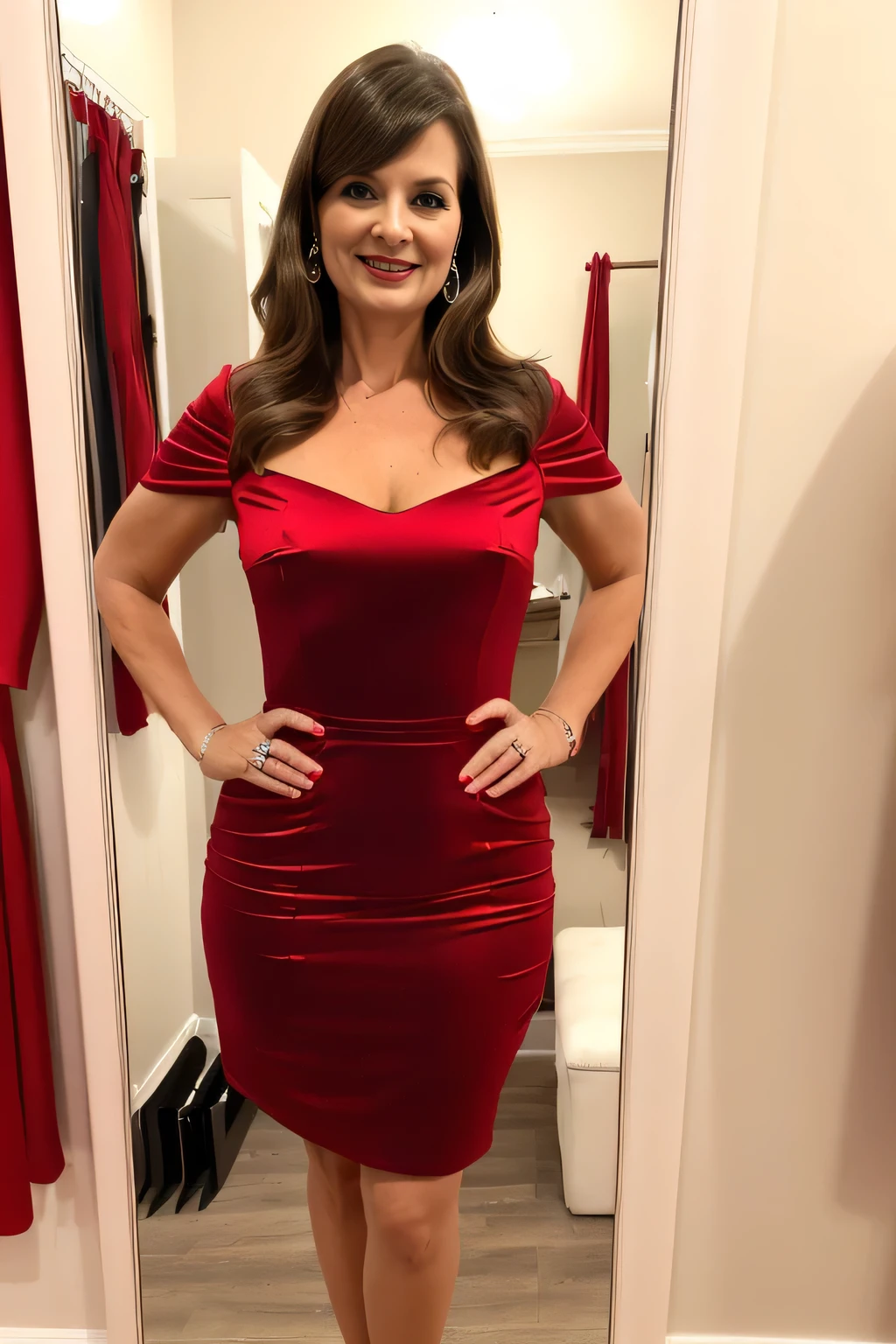 araffe woman in a red dress standing in front of a mirror, wearing red dress, flattering photo, wearing a red dress, smallest waistline ever, hands on hips, she is about 40 years old, she is about 4 0 years old, full covered dress, tiny waist, full body wide shot, middle shot waist up, wearing a dress