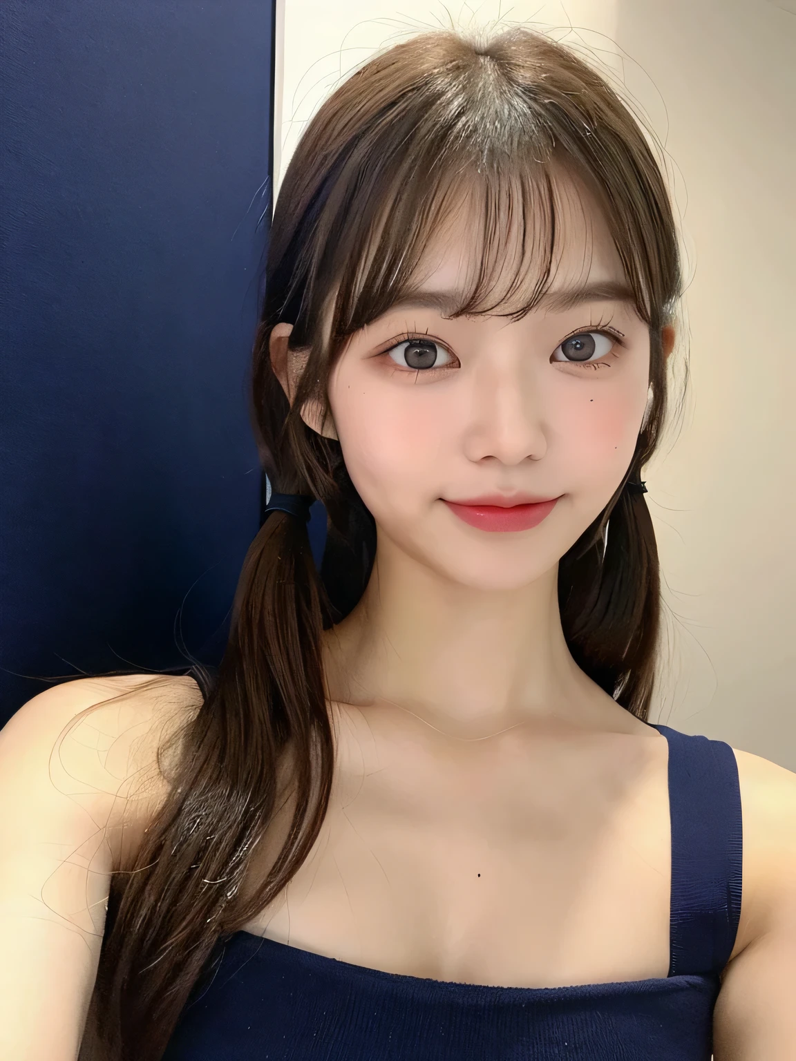 one person、、Full body photo、slender、woman、White drool coming out of the mouth、smile、Twin tails、 Fair skin, messy hair, super cute、Soft and Face、8K resolution、Surreal、Ultra high definition、 A-cup small breasts((Highest resolution、8k、masterpiece:1.3))、Ultra-fine face、Ultra Fine Lips、Beautiful Eyes、double eyelid,Dark blue walls、Navy blue bandeau dress:1.1、Thighs、thin,Thighs are visible、Shapely small breasts、