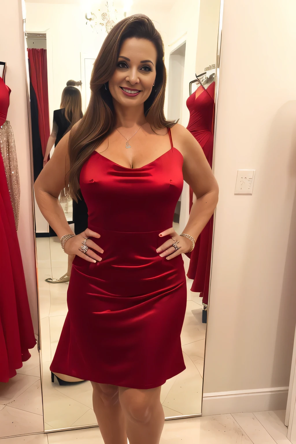 araffe woman in a red dress standing in front of a mirror, wearing red dress, flattering photo, wearing a red dress, smallest waistline ever, hands on hips, she is about 40 years old, she is about 4 0 years old, full covered dress, tiny waist, full body wide shot, middle shot waist up, wearing a dress