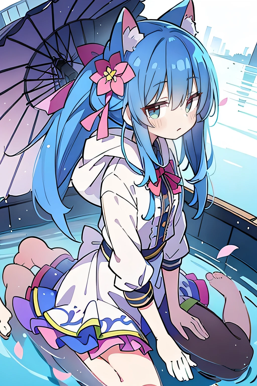 （masterpiece：1.2），Super detailed，lifelike，Expressive eyes，fair skin，perfect face shape，1 girl，
Japanese comics,Gorgeous blue hair,flowing blue hair,flowing clothes,Cat ears,Petals fall,beautiful lola,Baby Angel,
Shaking head with one hand，Cross your legs，Gentle and peaceful background，The pavilion is cool and comfortable,smile, wearing hoodie, background of tokyo,back views,snowing, winter,lie on the water. 