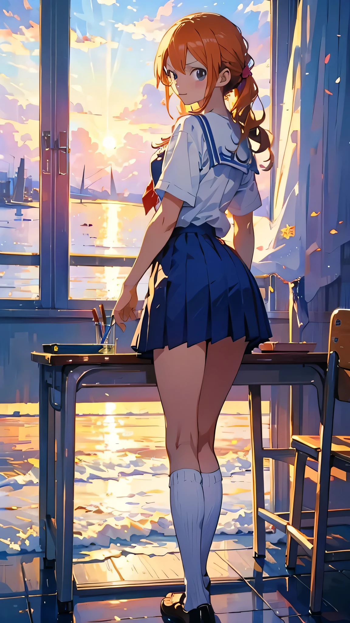 masterpiece, highest quality, One girl, View Viewer, one piece,, Nami OP, , School, School desk,, alone,