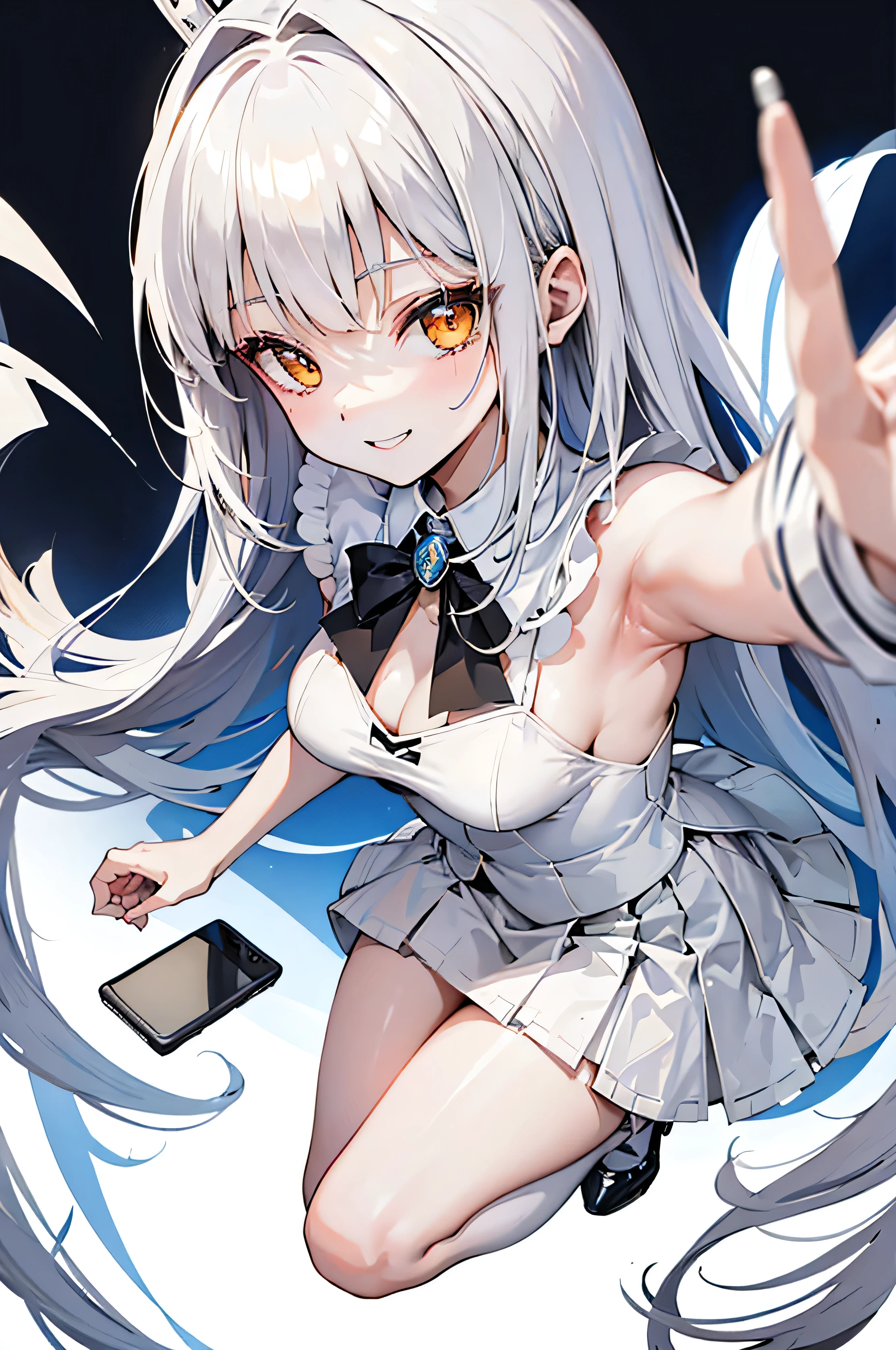 white knee-length hair , dark yellow eyes , White skin , slim , slender body,tall , pointy eyes , tempting , cute , white rabbit headband , korean  , Grey vest , Indigo skirt, black stockings, brown shoes , cell phone , Taking a selfie , Taking a selfie 포즈 ,whole body , classroom background , High Angle , afternoon , shiny , summer , bright expression , smiling , smile , lively