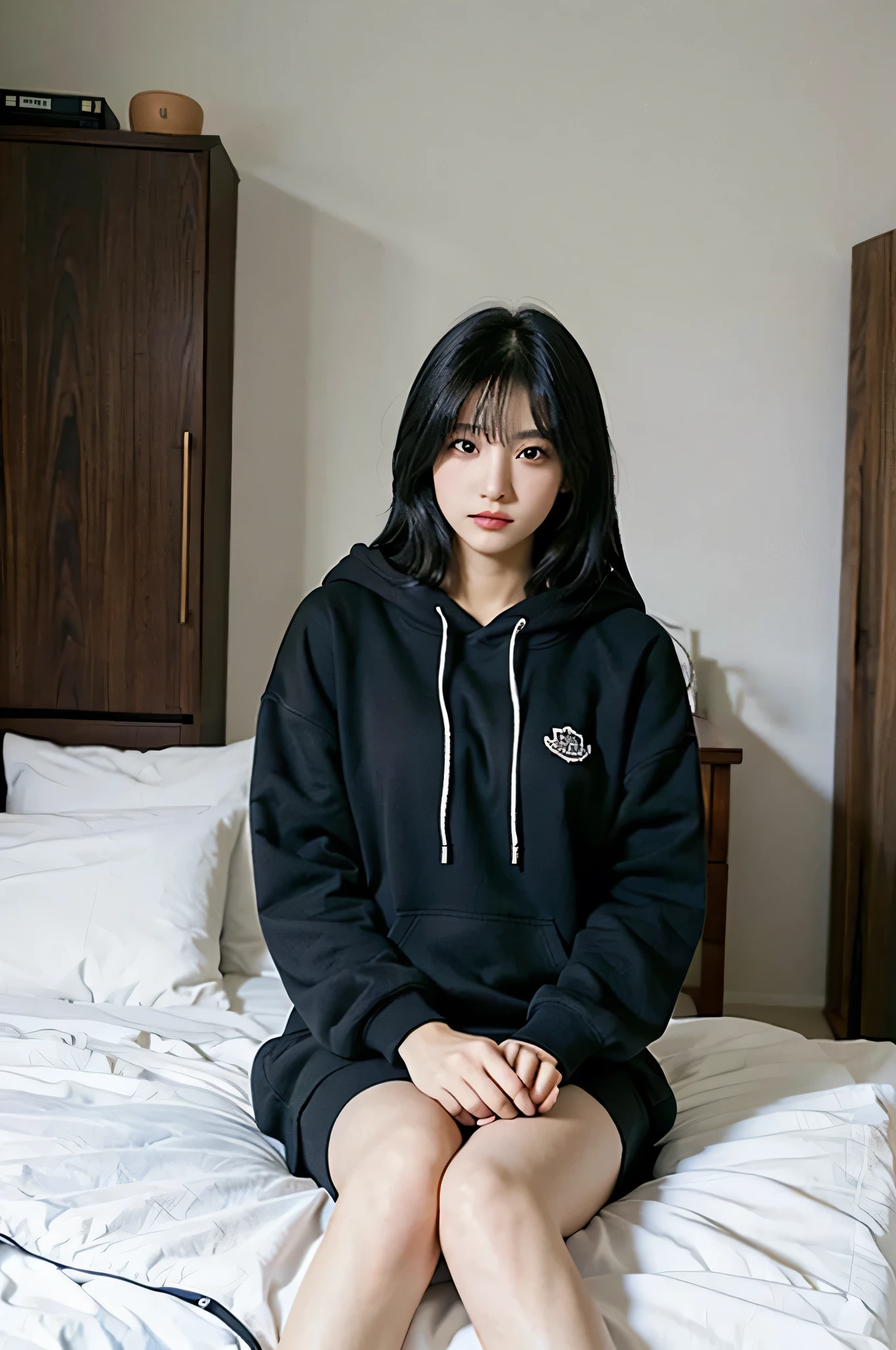 high resolution、1 girl、Black Hair、Eyes are black、Detailed hands、F Cup、Beautiful legs、Beautiful feet、indoor、Bedroom、hoodie、Detailed clothing