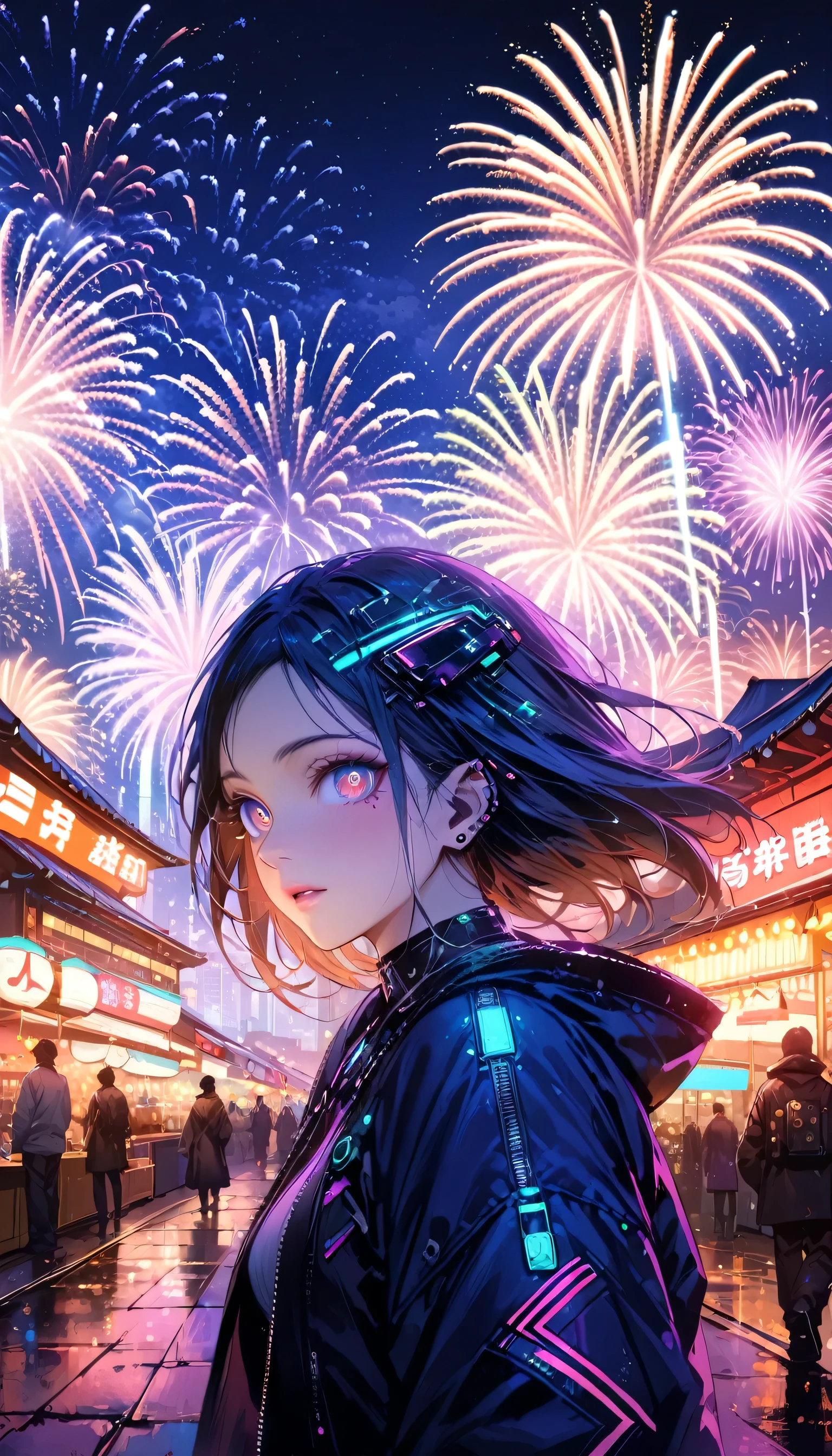((masterpiece)),((highest quality)),((High detail)),((Realistic,)) Future City, Architecture Street, Bazaar, cyber punk, European architecture, night, neon, Panorama view, Mr.々Building, new year, firework, Panorama, colorful firework, sky with firework, landscape, Detailed face, Detailed bright eyes, Highly detailed eyes