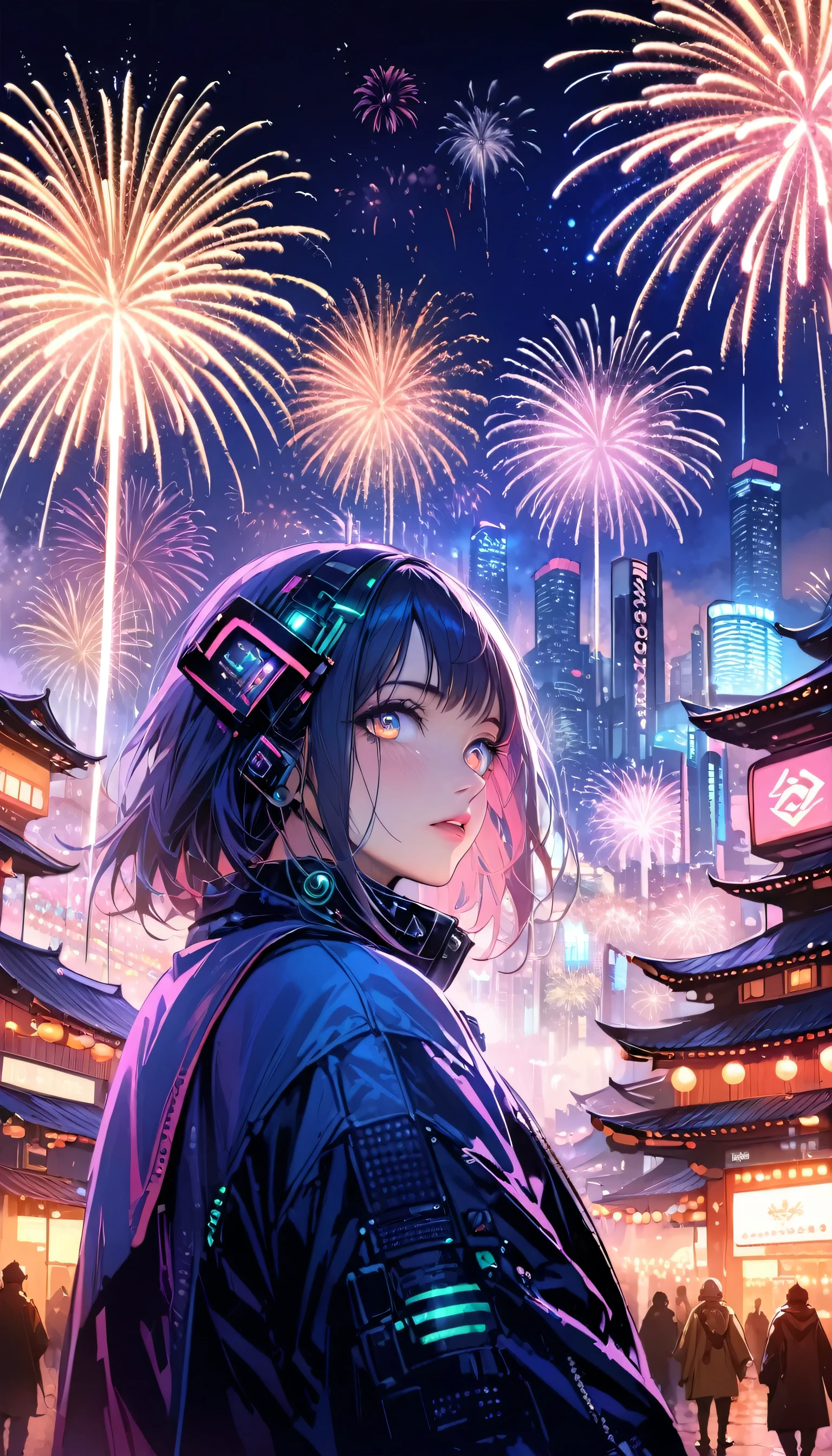 ((masterpiece)),((highest quality)),((High detail)),((Realistic,)) Future City, Architecture Street, Bazaar, cyber punk, European architecture, night, neon, Panorama view, Mr.々Building, new year, firework, Panorama, colorful firework, sky with firework, landscape, Detailed face, Detailed bright eyes, Highly detailed eyes