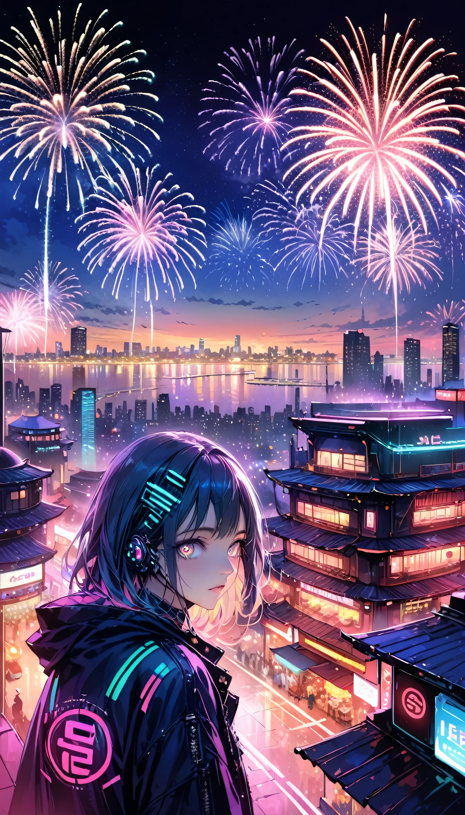 ((masterpiece)),((highest quality)),((High detail)),((Realistic,)) Future City, Architecture Street, Bazaar, cyber punk, European architecture, night, neon, Panorama view, Mr.々Building, new year, firework, Panorama, colorful firework, sky with firework, landscape, Detailed face, Detailed bright eyes, Highly detailed eyes