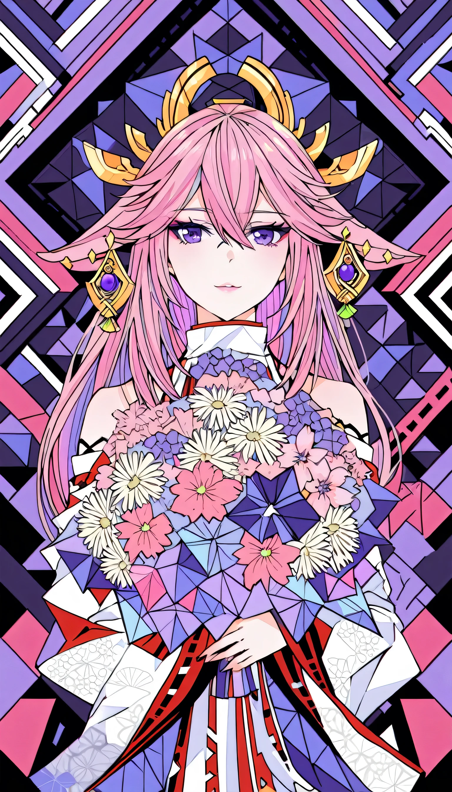 (ultra-Detailed Background, Detailed Background), Absurd, High resolution, Super detailed, Very detailed, One girl, yae miko, Pink Hair, Purple eyes, (bouquet:1.3), (Zentangle:1.2), (Geometric:1.2),(colorful),