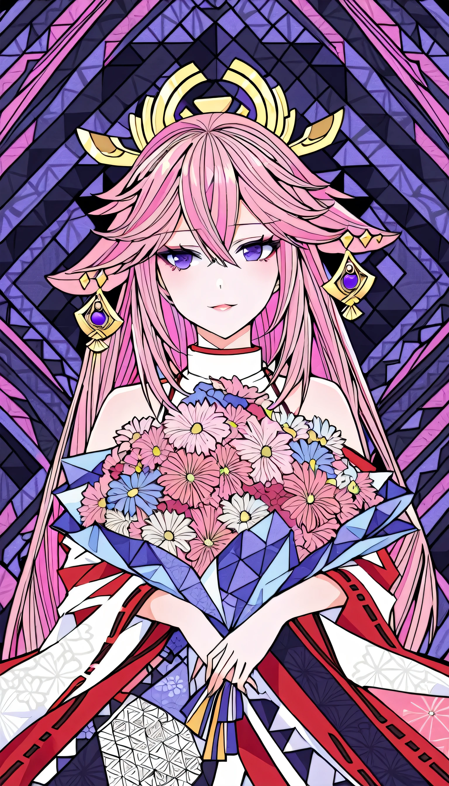 (ultra-Detailed Background, Detailed Background), Absurd, High resolution, Super detailed, Very detailed, One girl, yae miko, Pink Hair, Purple eyes, (bouquet:1.3), (Zentangle:1.2), (Geometric:1.2),(colorful),