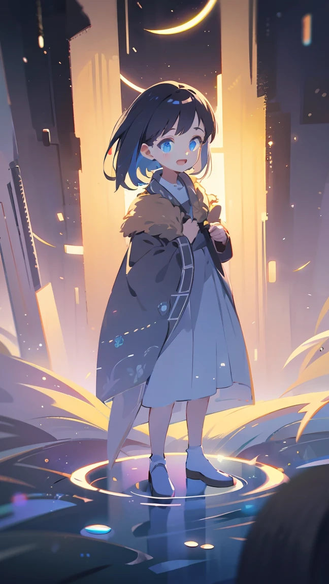 1girl, smooth lashes, black hair, solid circle eyes, shiny hair, blue eyes, glowing eyes, Christian close, standing, ambient light, ultra-fine fur, dashed eyes, full body, open mouth, masterpiece, high quality, high-details, best quality, wide short, (((solo)))