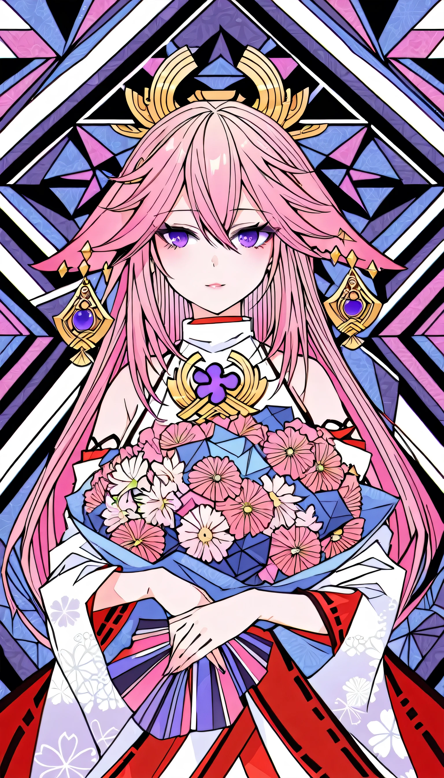 (ultra-Detailed Background, Detailed Background), Absurd, High resolution, Super detailed, Very detailed, One girl, yae miko, Pink Hair, Purple eyes, (bouquet:1.3), (Zentangle:1.2), (Geometric:1.2),(colorful),