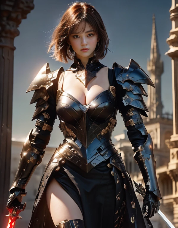 a ultra beautiful girl, with a (black techno fantasy armor) and a great sword in the back, cute, 12k, uhd, photorealistic, red decourations, (black short hairs), ((european race)), (ultra beautiful gorgeous realistic), naked belly and (naked arms)