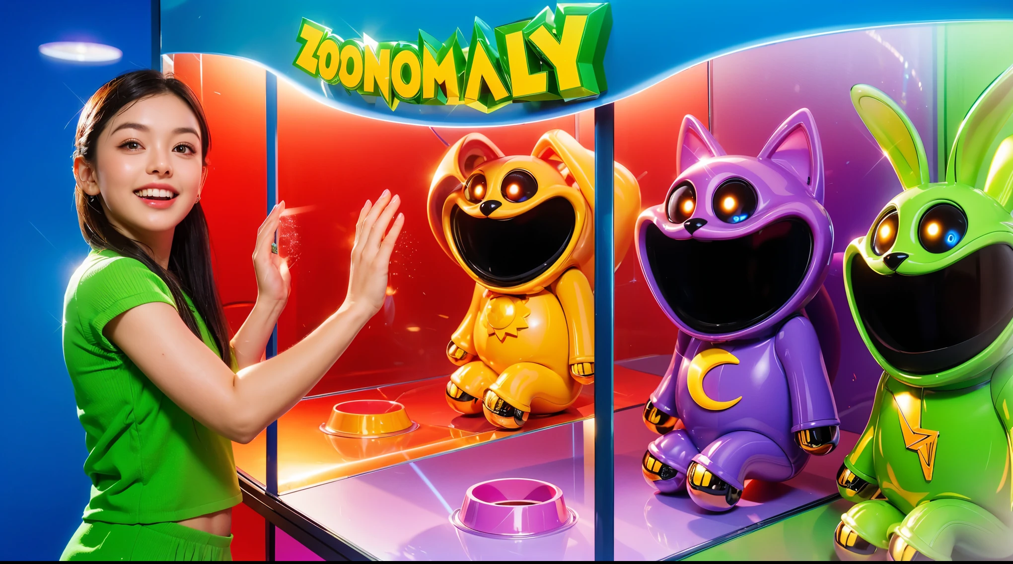 Create an image of a young girl with perfect, flawless skin, wearing a pink outfit and smiling joyfully. She is interacting with three cartoonish robot-like characters inside a colorful, futuristic display case labeled 'ZOONOMALY'. The characters include an orange bear with glowing eyes, a purple cat with a crescent moon symbol, and a green rabbit with a lightning bolt symbol. The display case has vibrant colors with reflective, glossy surfaces. The background should be a gradient of blue and orange, enhancing the overall bright and playful atmosphere. hands rest on the glass. cartoon key frame rendering, cute 3D rendering, Shiny metallic,Create ultra sharp  цветной рендеринг zbrush. perfect cgi, cgi art created only with gradients, smooth silhouette, Create ultra sharp skin, high intensity refraction, (plastic material), most beautiful vfx, blue background, plastic refractions, glossy texture, smooth 3d model, multiple light sources, rim light, sharp post effects render, (glossy plastic texture with multiple big light probe refractions), perfect cgi, cgi art created only with gradients, smooth silhouette, high intensity refraction, (plastic material), most beautiful vfx, blue background, plastic refractions Create ultra sharp