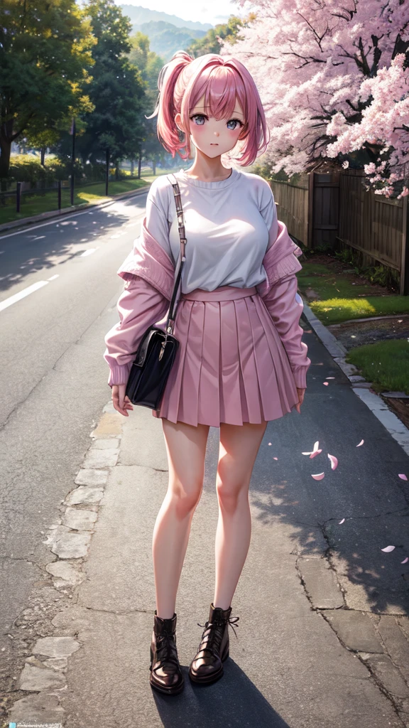 masterpiece, best quality, ultra-detailed, illustration, wide angle, 1girl stand on the side of road, solo, road in the side and pink cherry trees on roadside, full body, 20 yo, pink hair, sweater, short skirt, fashion,, composition, balance, harmony, rhythm, color, light, shadow, reflection, refraction, tone, contrast, foreground, middle ground, background, naturalistic, figurative, representational,
