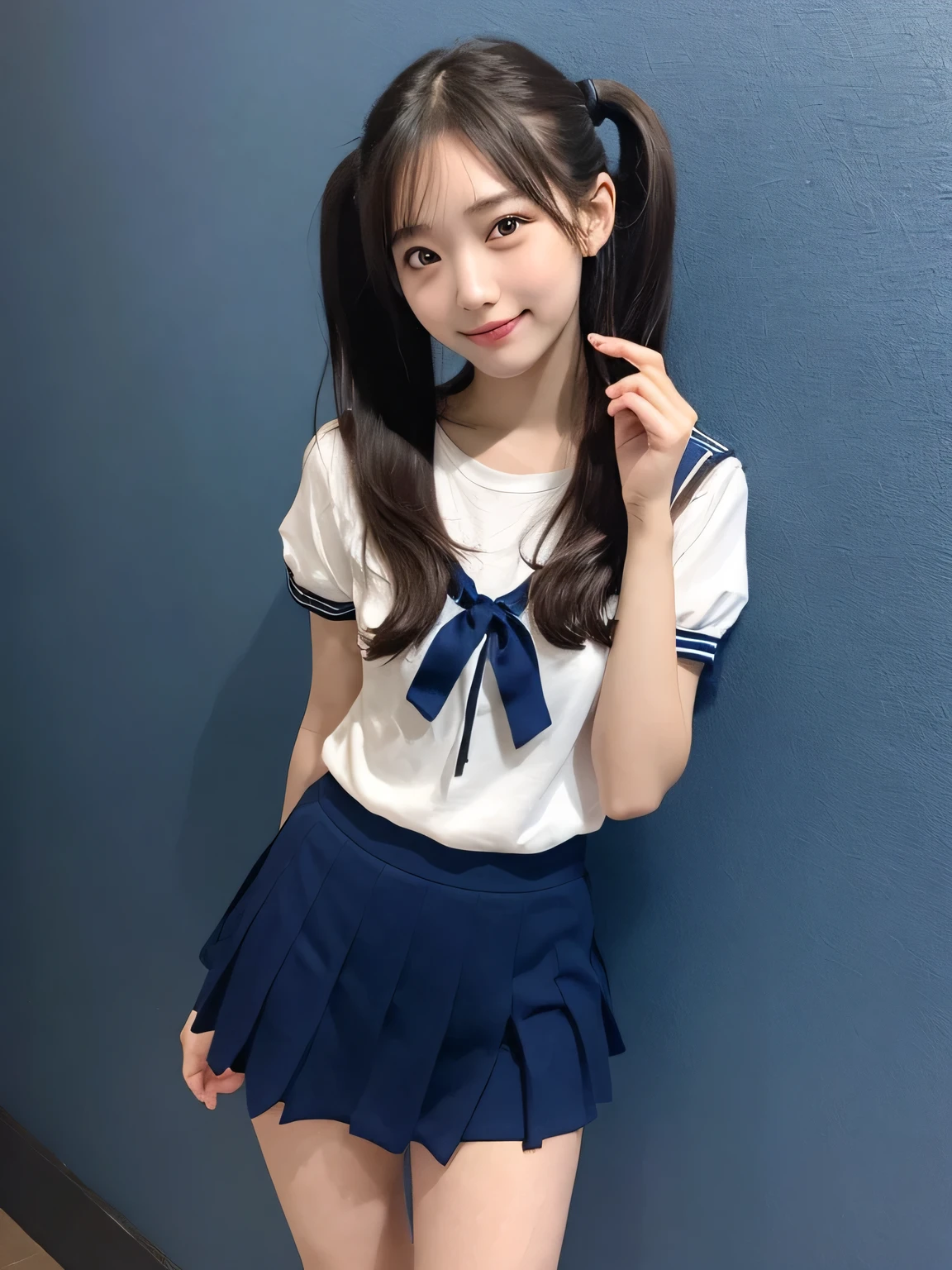 In detail,Full body photo、 One high school girl、High resolution, high quality、Slim body、Perfect dynamic composition, Beautiful fine details, Twin tails、Natural color lip,Kamimei、15-year-old girl、Clear Skin、Navy blue sailor suit with short sleeves、Red mini skirt、Thighs、Shiny Hair、最high quality, figure, Very detailed, In detail, High resolution, 8k、The correct state of the human body、Sculpture model pose,Dark blue walls,Thighs are visible、smile、