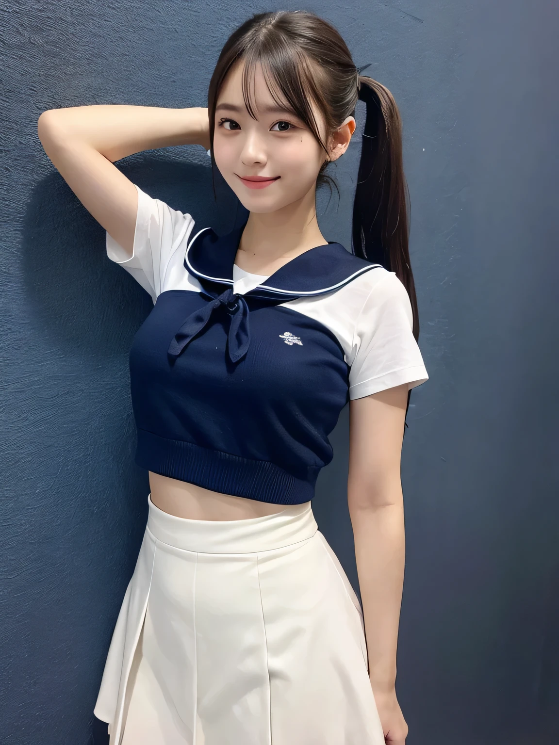 In detail,Full body photo、 One high school girl、High resolution, high quality、Slim body、Perfect dynamic composition, Beautiful fine details, Twin tails、Natural color lip,Kamimei、、Clear Skin、Navy blue sailor suit with short sleeves、Red mini skirt、Thighs、Shiny Hair、最high quality, figure, Very detailed, In detail, High resolution, 8k、The correct state of the human body、Sculpture model pose,Dark blue walls,Thighs are visible、smile、