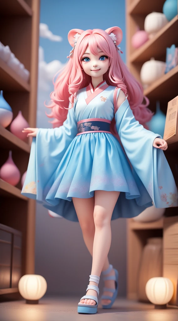 (masterpiece),(best quality),(Extremely detailed), (Full Body Love: 1.2), 1 cute girl, Big avatar,Qibi,Lovely, Very shy, Light blue curly hair,(beautiful eyes), Hanfu,Blue shirt, Pink skirt, lion, (坐在lion背上), Smile happily, Fly over the clouds,There are some lanterns on the shelves, (Beautiful and delicate face),