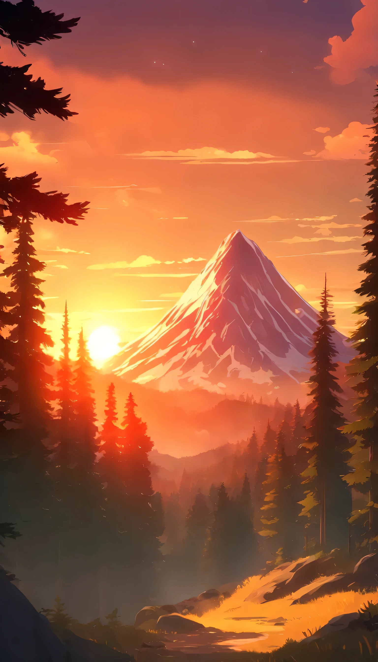 A beautiful place of nature, with Douglas fir trees and mountains, sunrays fromsunset, Artstyle like alto's adventure, Among trees game.