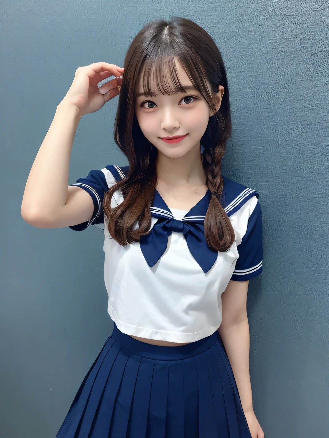 In detail,Full body photo、 One high school girl、High resolution, high quality、Slim body、Perfect dynamic composition, Beautiful fine details, Twin tails、Natural color lip,Kamimei、15-year-old girl、Clear Skin、Navy blue sailor suit with short sleeves、Red mini skirt、Thighs、Shiny Hair、最high quality, figure, Very detailed, In detail, High resolution, 8k、The correct state of the human body、Sculpture model pose,Dark blue walls,Thighs are visible、smile、
