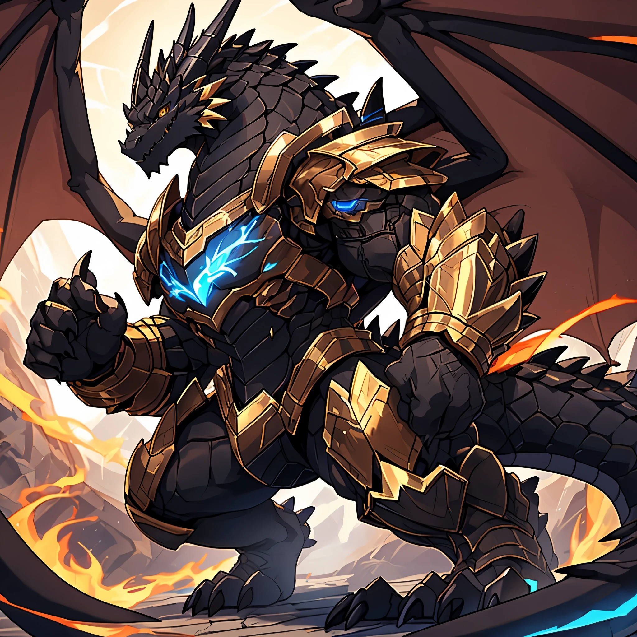 (The tyrannical and powerful Black Dragon King，Dark gold mechanical armor that combines demons and technology，Blue energy core：50)，(Large dragon body，Huge size，Black and gold pupils，Majestic wingspan，sharp dragon teeth，Sharp dark golden dragon claw，Huge paws，Huge dragon claw，Thick dragon tail，Ferocious dragon head，The huge black dragon king：2)，The dragon&#39;s spine is covered with bone spurs，Strong physique，Heavy armor，(Blue Flame：3)，The wide dragon wings spread out，Stout dragon legs parted，Overwhelming presence，Full body picture，Very detailed，4k HD