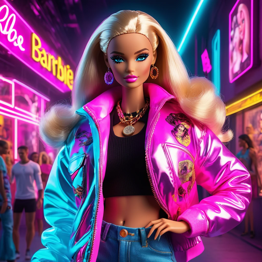 (full body:1.9) (style:1.5), cyber neon clothes. bitcoin hold hand, a white (woman 25 years old:1.3), (Barbie doll:1.9), character splash art, rapper, big tech corporate art design, eboy, eco punk, cwc eco punk, cwc (one person in the frame:1.9), 3d style, ((best quality)), ((masterpiece)), detailed soft oil painting, detailed background, dramatic cinematic lighting, soft edge lighting, professional, dramatic lighting, hard edge lighting, ultra quality, 4k,(masteriece, best quality, 8k, ultra highres, highres:1.4), extremely detailed