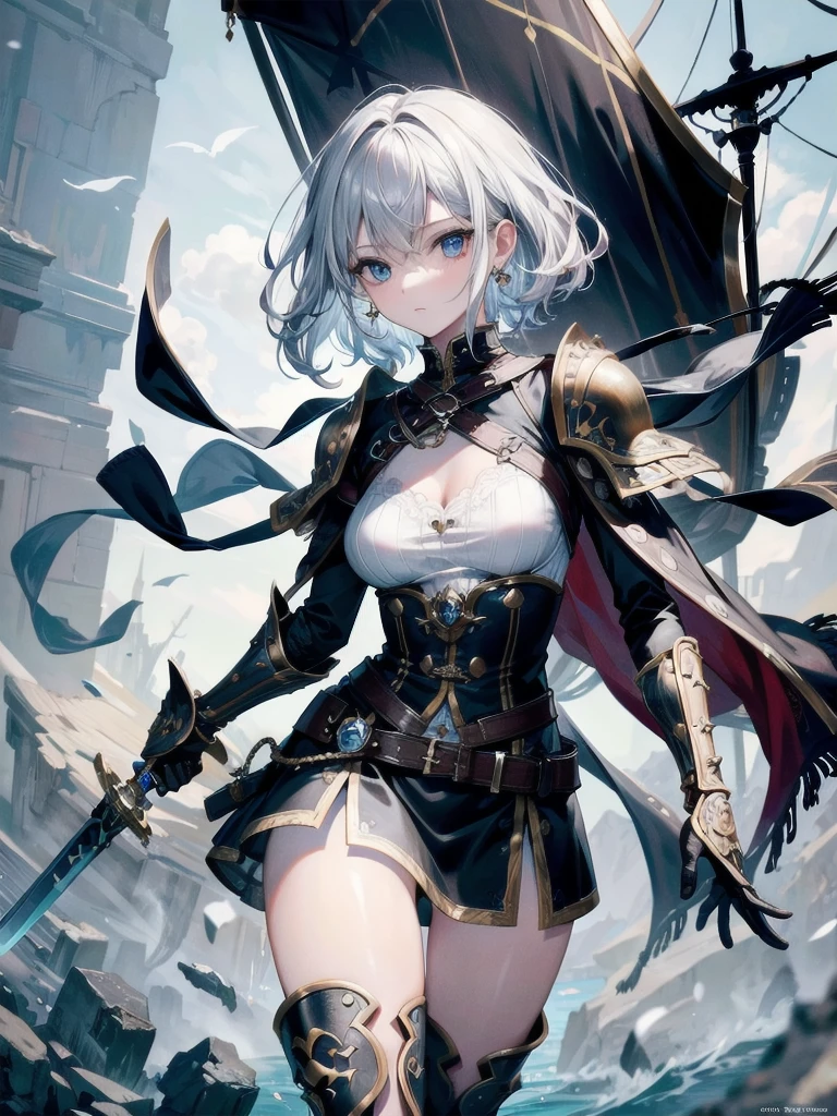 ((one-eyed)), blindfold, paladin, scythe, dark Heavy armor, absurdres, RAW photo, extremely delicate and beautiful, masterpiece, Best Quality, ultra high resolution, 32k, hyperrealistic, ultra-detailed, detailed description, pale skin, 20 years old, tearful mole, earring, Colossal tits, short medium hair, wavy hair, evil grin, whole body shot,