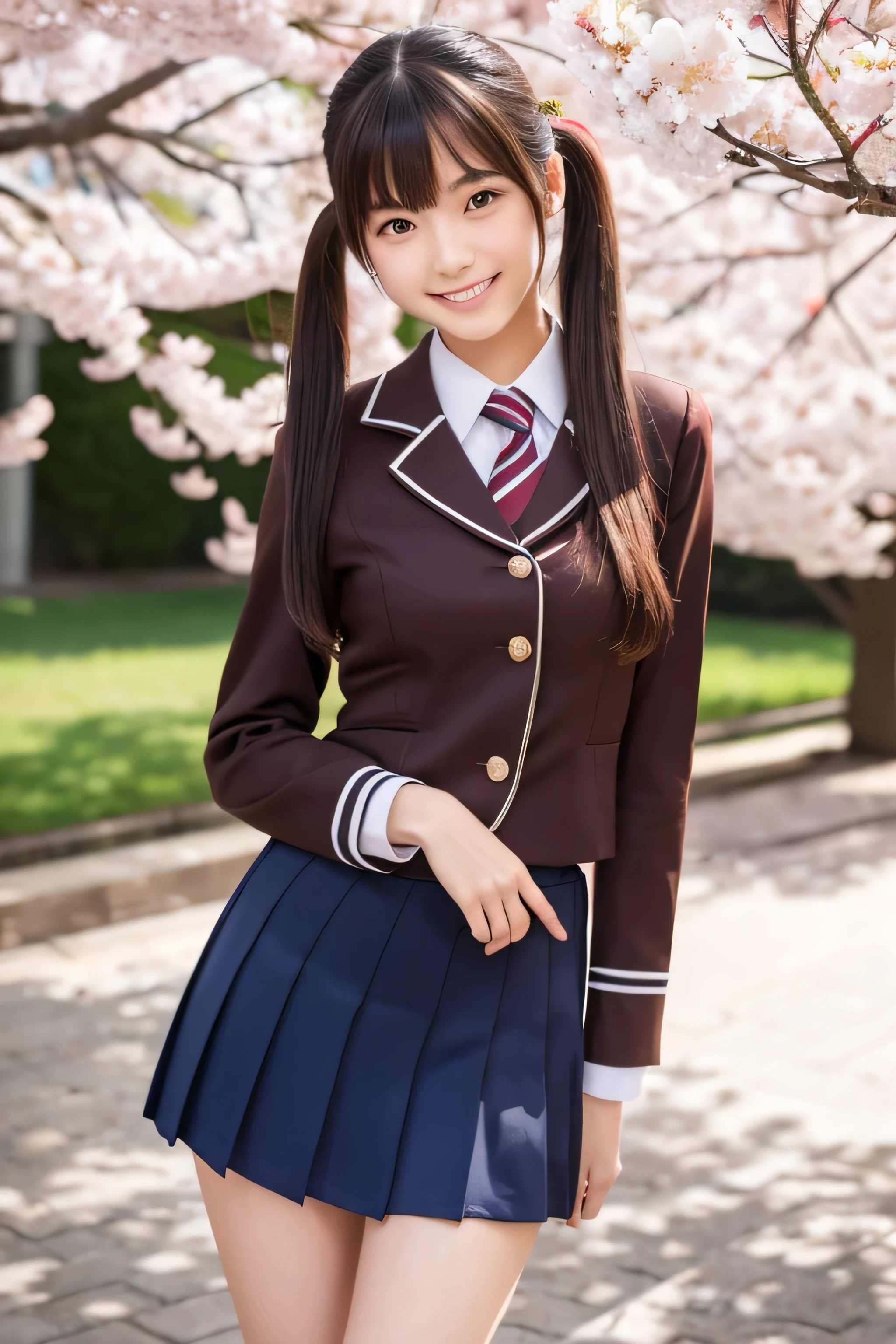 Thin woman, 17 year old slender size model,smile,a healthy woman,high school girl,smile,Brown sailor suit,uniform,Slender body,Twin tail hair ,bangs , Bold Pose,thigh , Realistic, High quality 8k, perfection, Best image quality,Cherry blossoms blooming in the schoolyard