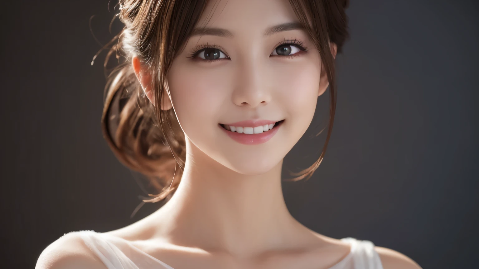 One Girl, (Wear trendy fashion:1.2), (RAW Photos, highest quality), (Realistic, Realistic:1.4), Tabletop, Very delicate and beautiful, Very detailed, 2k wallpaper, wonderful, In detail, Very detailedな CG Unity 8K 壁紙, Very detailedな, High resolution, Soft Light, Beautiful detailed girl, Looking into the camera、Very detailedな目と顔, Beautiful and detailed nose, Beautiful details, Long Hair, small, White clothes、White Background、Background is white、Cinema Lighting, Perfect Anatomy, Slender body, smile, 