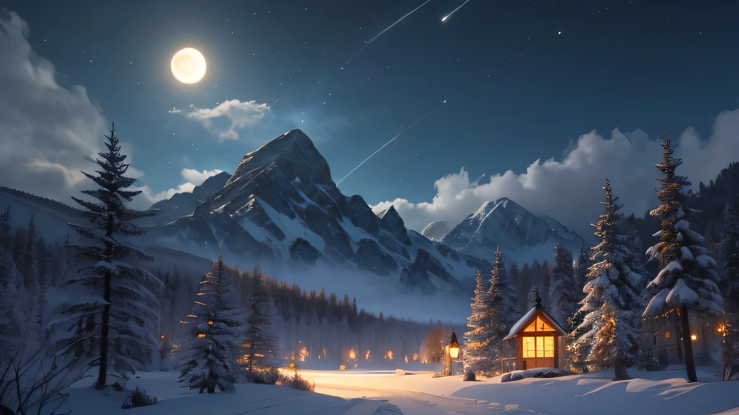 Vast landscape photography，（full moon：1.2），（meteor：0.9），（Star Cloud：1.3），Fir Mountain, tree break art，（Warm light source：1.2），（Glow worms：1.2），The lamp lights up，Lots of purple and orange，Complex details，Volumetric Lighting，Realism Break（masterpiece：1.2），（highest quality），4K，Super detailed，（Dynamic configuration：1.4），Very detailed，Colorful details，（Iridescent colors：1.2），（Bright lighting，Atmospheric lighting），dream Magic，Magic，（solo：1.2），（（highest quality））， （（masterpiece））， （detailed：1.4），Depth of written boundary、Extreme definition and clarity，Perfectly balanced fluttering clouds，wallpaper
