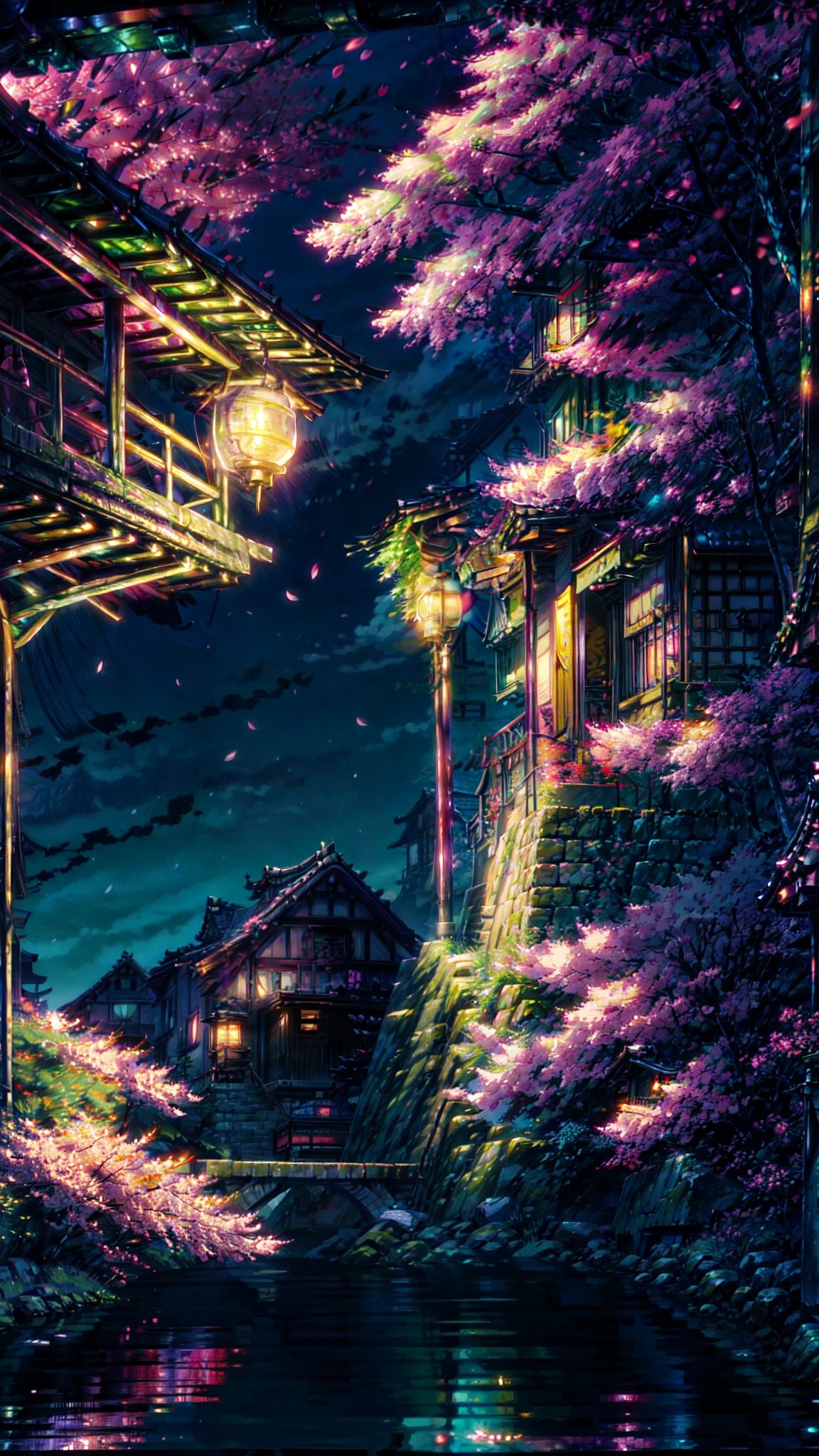 purple trees in a japanese village at night with lanterns, sakura season dynamic lighting, cyberpunk japanese temple, colorful kitsune city, japanese town, screenshot from overwatch, screenshot from fortnite, nightime village background, from overwatch, cherry blossom forest, heroine japan vivid landscape, japanese village, purple scene lighting, background art, magnificent background, colorful anime movie background
