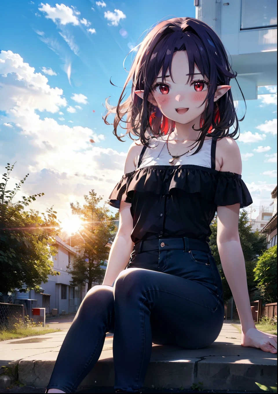 yuukikonno, Yuki Konno, hair band, Long Hair, Pointy Ears, Purple Hair, (Red eyes:1.5), (Small breasts:1.2), blush,happy smile, smile, Open your mouth,Purple cold shoulder top,Short sleeve,skinny pants,Heeled Sandals,Heart-shaped necklace,Sitting on the steps in the park,sunset,evening,The sun goes down,whole bodyがイラストに入るように,Looking down from above, break looking at viewer, whole body,break outdoors, School,courtyard, break (masterpiece:1.2), highest quality, High resolution, unity 8k wallpaper, (shape:0.8), (Beautiful and beautiful eyes:1.6), Highly detailed face, Perfect lighting, Extremely detailed CG, (Perfect hands, Perfect Anatomy),