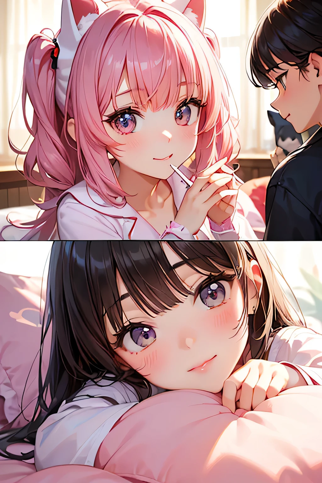 highest quality、High resolution、Detailed Background、(Beautiful face in every detail:1.4)、Anatomically correct、(Draw the usual number of fingers:1.2)、(Hide your fingers:1.1)、(Detailed facial expressions)、(Detailed eyes:1.2)、age beauty、(Three Women)、(Highly detailed face:1.4)、Cute hair colour、Bobcut、Twin tails、well-groomed eyebrows、Soft atmosphere、Very excited、Cute gestures、Laugh playfully、A big smile、Cute Kigurumi Pajamas、
(Three beautiful girls wearing mascot pajamas are having a pajama party in a friend's room.:1.5)、
We enjoy chatting, eating sweets, and having girly fun.、
Everyone is relaxing in their soft pajamas.、Girls wearing pink or lovely pajamas holding stuffed toys、Sitting close to the cushion、
The room is filled with a soft pink and pastel color atmosphere.、
Kittens and rabbits、Dinosaur and other animal-themed kigurumi pajamas