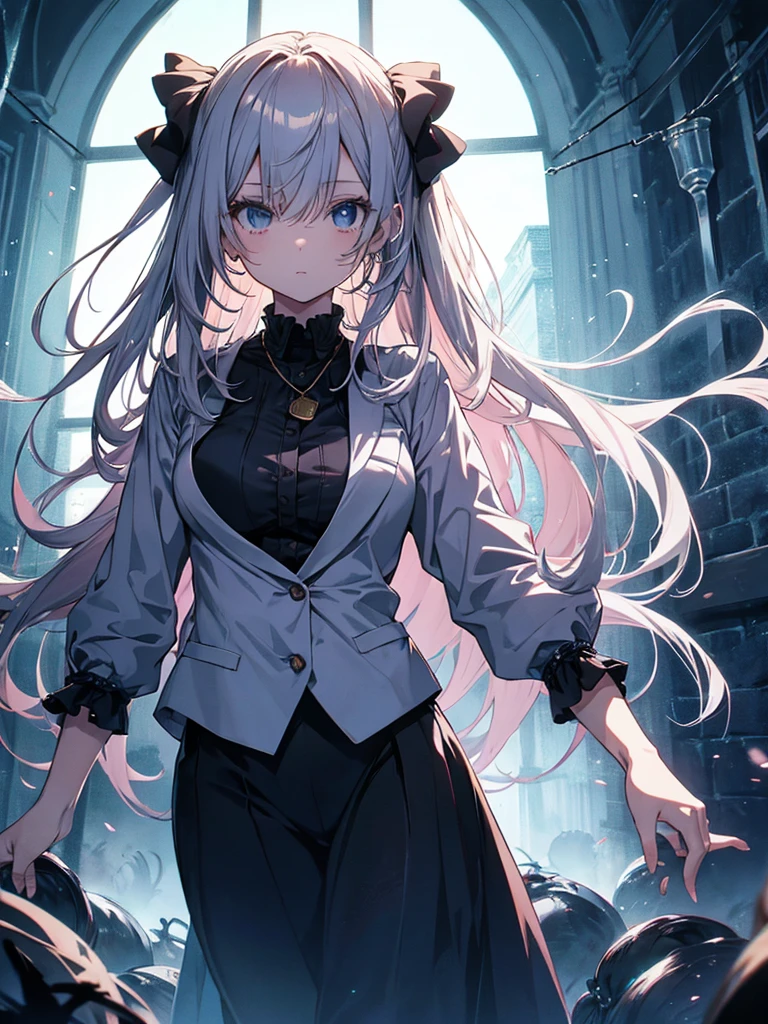 Anime image quality,Draw a girl wearing clothes in a mysterious horror mansion