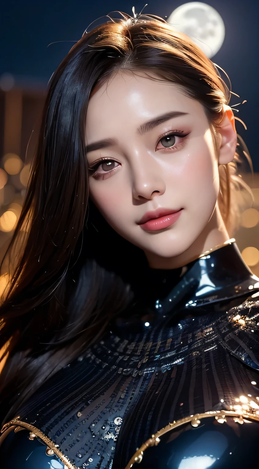 Kimono beauty, body portrait, 8k, thin and beautiful eyes, Dindal effect, masterpiece, top quality, high quality, high resolution, very detailed photo, (natural skin texture, fine skin, hyper realism, super sharpness) , high detail skin, (very fine, fine skin texture, intricate details, beautiful face, (real-like face), realistic eyes, beautifully detailed eyes, realistic skin, beautiful skin, surreal, Highly detailed, golden ratio, smiling eyes, ((night moonlight background)), body portrait, G cup, big breasts, huge breasts, big breasts, glamorous, shiny bodysuit