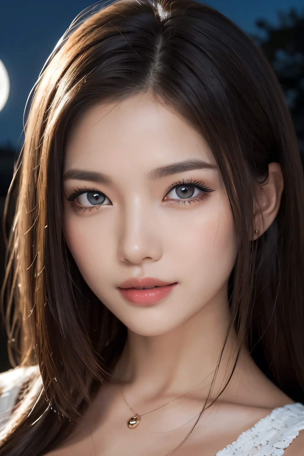 Body portrait, 8K, thin and beautiful eyes, Dindal effect, masterpiece, top quality, high quality, high resolution, very detailed photo, (natural skin texture, fine skin, hyper realism, super sharpness), high detail skin, (very fine), fine skin texture, intricate detail, beautiful face, (realistic face), realistic eyes, beautifully detailed eyes, realistic skin, beautiful skin, surreal, highly detailed Golden ratio, double eyelids, smiling eyes, ((night moonlight background))), body portrait, G cup, big breasts, big breasts, big breasts, glamorous, sexy knit dress,
