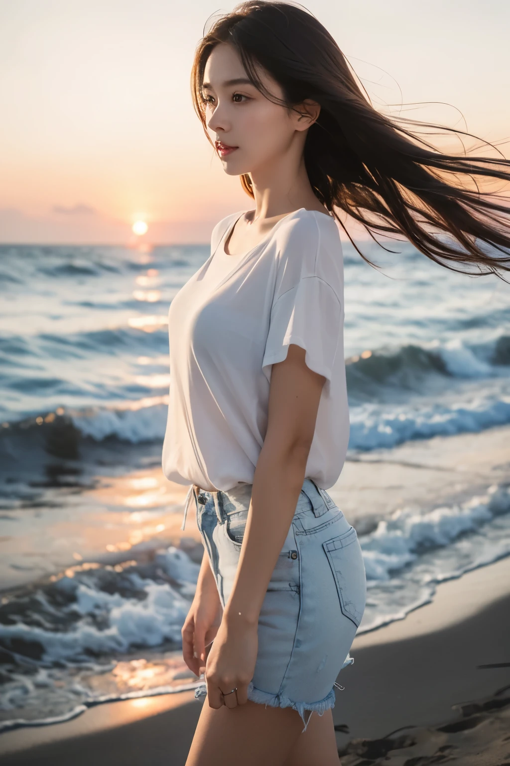 Tabletop、(Highest quality、4K、、High resolution、masterpiece: 1.2)、Very detailed、(Genuine、Realistic、Realistic: 1.37)、Full Body Shot、Complex and beautiful eyes、woman、Long Hair、Natural color lip、whiteTshirt、Bold and sexy pose、smile、Ocean、 Year old girl、A cute and sexy shot of her looking straight into the camera。