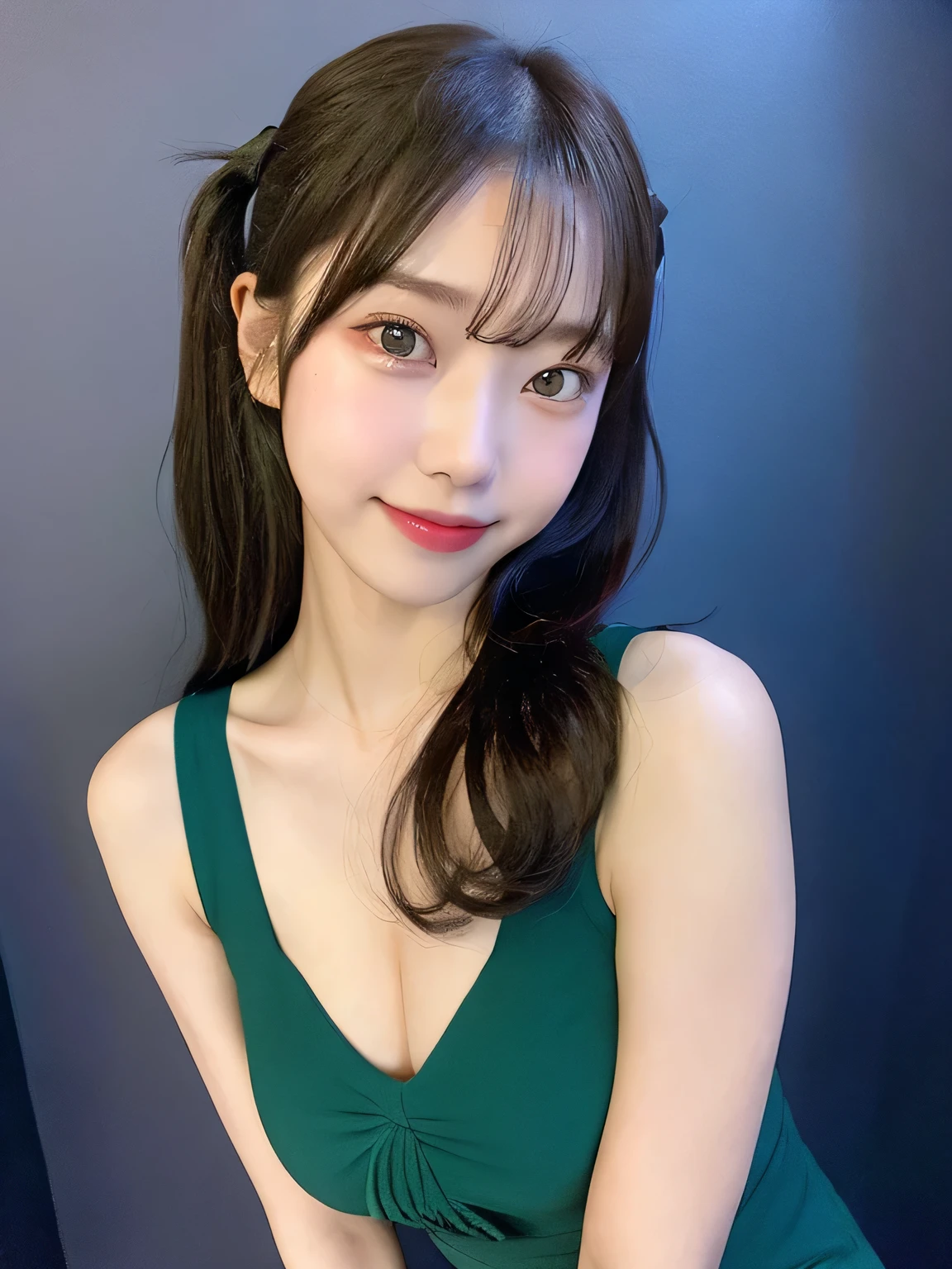 one person、、Full body photo、slender、woman、White drool coming out of the mouth、smile、Twin tails、 Fair skin, messy hair, super cute、Soft and Face、8K resolution、Surreal、Ultra high definition、 A-cup small breasts((Highest resolution、8k、masterpiece:1.3))、Ultra-fine face、Ultra Fine Lips、Beautiful Eyes、double eyelid,Dark blue walls、Green bandeau dress:1.1、Thighs、thin,Thighs are visible、Shapely small breasts、