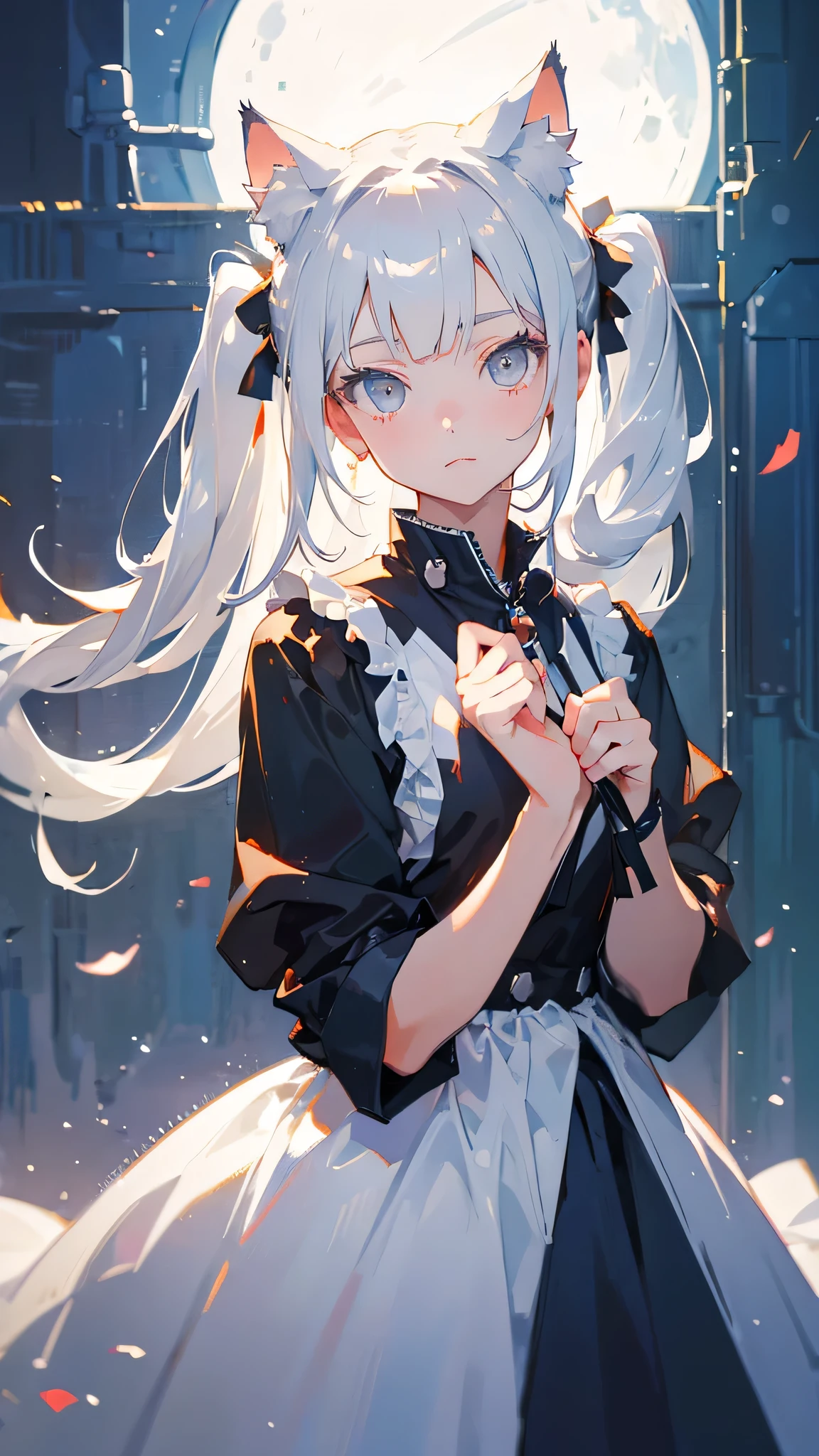 (masterpiece, highest quality, High resolution: 1.2), 1 girl, alone, Twin tails, Grey Eyes, Upper Body, dress, Silver Hair, Cat ear