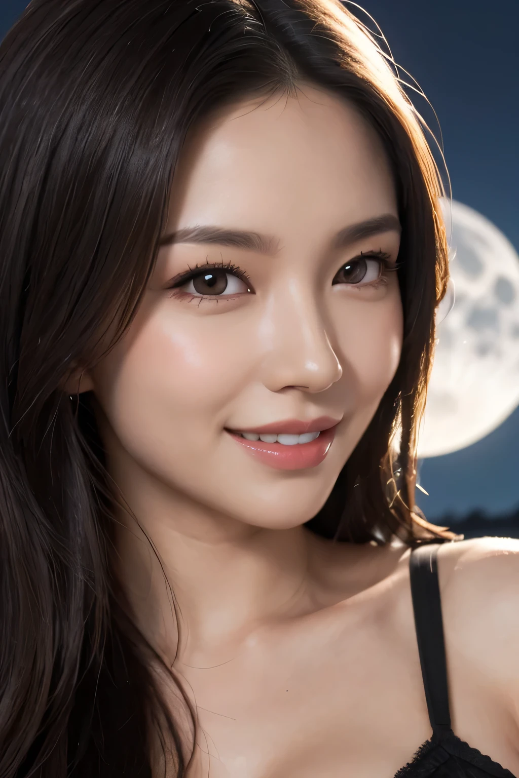 Body portrait, 8K, thin and beautiful eyes, Dindal effect, masterpiece, top quality, high quality, high resolution, very detailed photo, (natural skin texture, fine skin, hyper realism, super sharpness), high detail skin, (very fine, fine skin texture, intricate details, beautiful face, (realistic face), realistic eyes, beautifully detailed eyes, realistic skin, beautiful skin, surreal, very detailed Golden ratio, smiling eyes, ((night moonlight background) )), body portrait, G cup, big breasts, huge breasts, big breasts, glamorous, sexy knit dress,