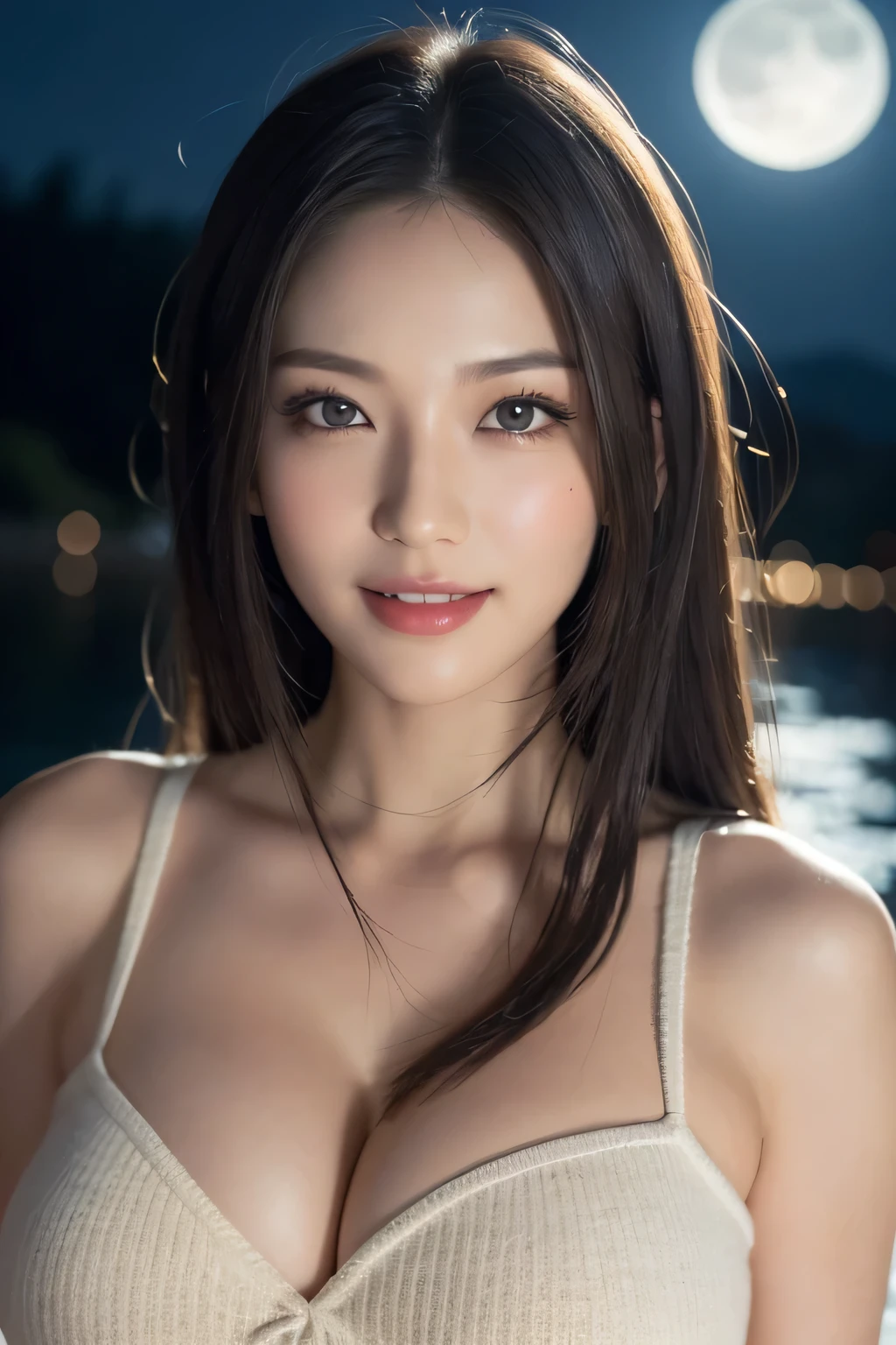 Body portrait, 8K, thin and beautiful eyes, Dindal effect, masterpiece, top quality, high quality, high resolution, very detailed photo, (natural skin texture, fine skin, hyper realism, super sharpness), high detail skin, (very fine) ), fine skin texture, fine detail, beautiful face, (realistic face), realistic eyes, beautiful and detailed eyes, realistic skin, beautiful skin, surreal, high definition Golden ratio, double eyelids, cute smile, smiling, smiling eyes, ((moonlight background at night)) ), body portrait, G cup, , , , glamorous,  knit dress,