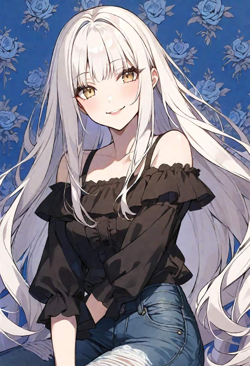 solo, handsome, 1. Female, Hime cut,Straight Long Hair, White hair,Light brown eyes,Soft look,Lolita,A dignified expression,casual,Black off-the-shoulder,Distressed jeans,skin,Sexy,smile,Wink,Blue Rose background
