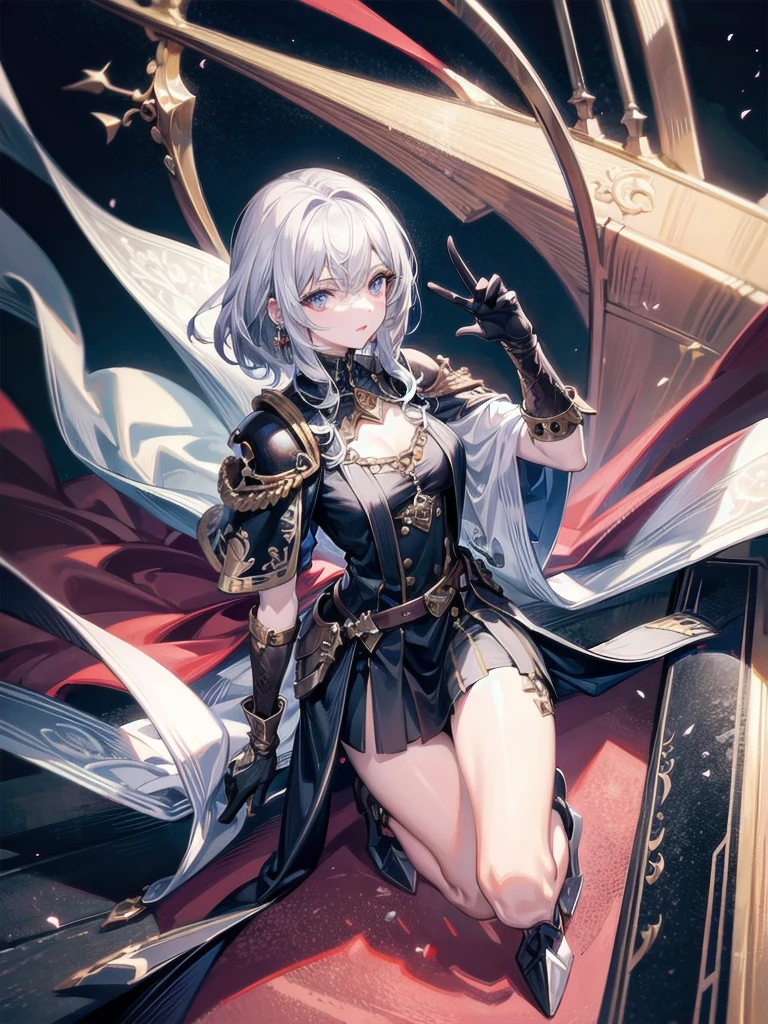 absurdres, RAW photo, extremely delicate and beautiful, masterpiece, Best Quality, ultra high resolution, 32k, hyperrealistic, ultra-detailed, perfect figure, detailed description, pale skin, 20 years old, detailed beautiful face and eyes, tearful mole, earring, short medium hair, wavy hair, full body, a heavily armored pirate, pirate captain, detailed metal armor, intricate pirate clothing, bold colors, highly detailed metal textures, holding a massive anchor,