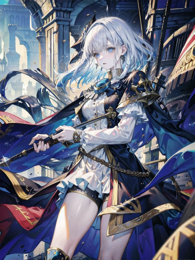 absurdres, RAW photo, extremely delicate and beautiful, masterpiece, Best Quality, ultra high resolution, 32k, hyperrealistic, ultra-detailed, perfect figure, detailed description, pale skin, 20 years old, detailed beautiful face and eyes, tearful mole, earring, short medium hair, wavy hair, full body, a heavily armored pirate, pirate captain, detailed metal armor, intricate pirate clothing, bold colors, highly detailed metal textures, flintlock pistol, cutlass sword,