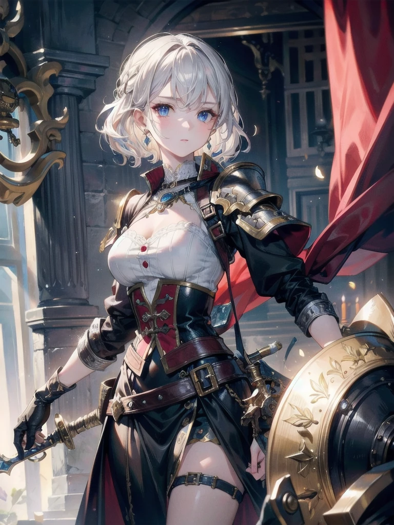 absurdres, RAW photo, extremely delicate and beautiful, masterpiece, Best Quality, ultra high resolution, 32k, hyperrealistic, ultra-detailed, perfect figure, detailed description, pale skin, 20 years old, detailed beautiful face and eyes, tearful mole, earring, short medium hair, wavy hair, full body, a heavily armored pirate, pirate captain, detailed metal armor, intricate pirate clothing, bold colors, highly detailed metal textures, flintlock pistol, cutlass sword,