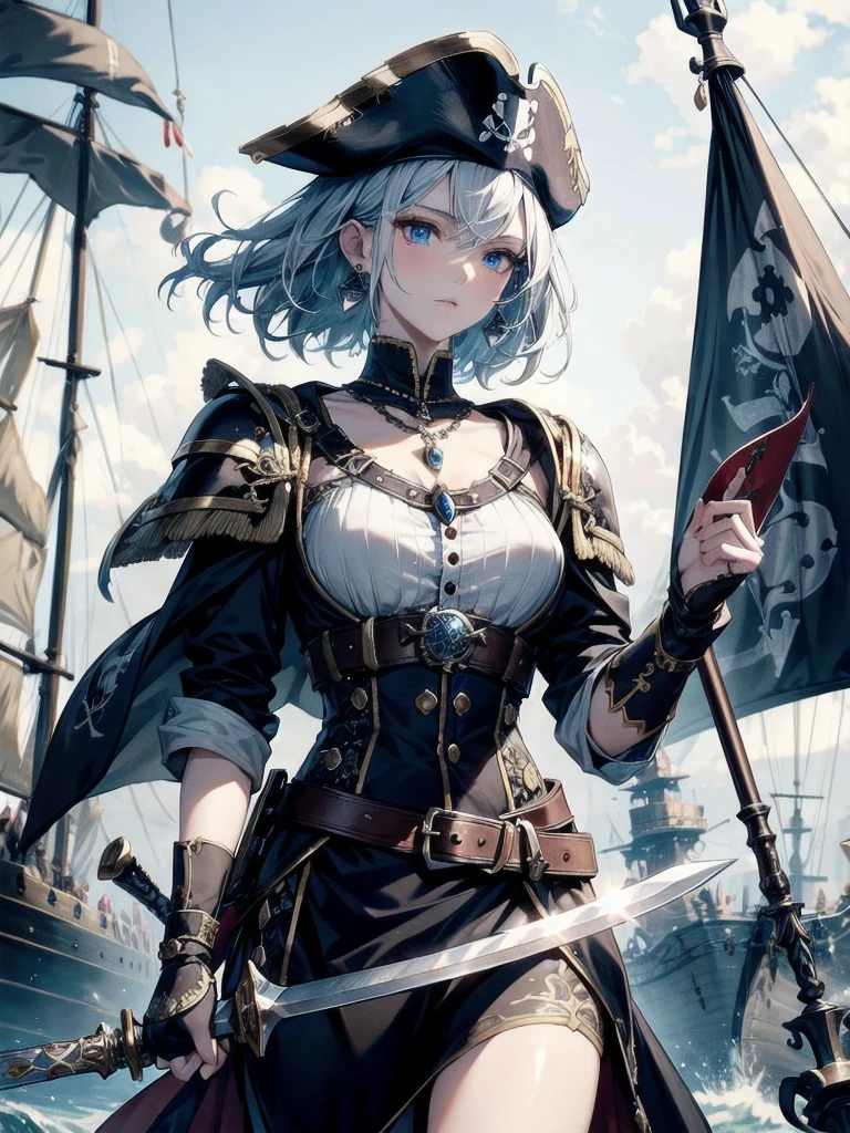 absurdres, RAW photo, extremely delicate and beautiful, masterpiece, Best Quality, ultra high resolution, 32k, hyperrealistic, ultra-detailed, perfect figure, detailed description, pale skin, 20 years old, detailed beautiful face and eyes, tearful mole, earring, short medium hair, wavy hair, full body, a heavily armored pirate, pirate captain, detailed metal armor, intricate pirate clothing, bold colors, highly detailed metal textures, flintlock pistol, cutlass sword,