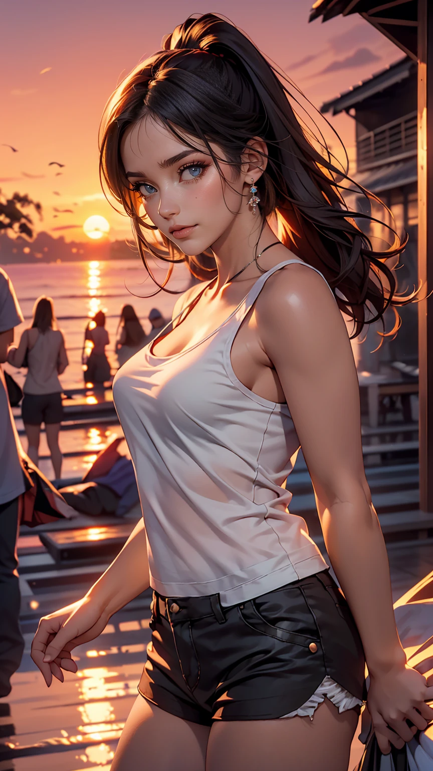 One girl, Photo Model, smile, Focus on your audience, Beautiful lighting, highest quality, masterpiece, Ultra-high resolution, Realistic, Black Hair, Short tank top, Shorts, Long Stockings, Medium chest, White skin,( Sunset background:1.4)