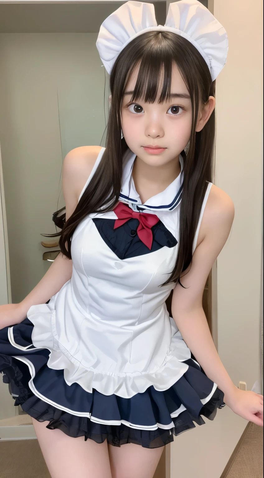 Photo quality,Masterpiece,Realistic,(Cute 16 year old Japanese sister:1.9),(Detailed young face:1.9),(Very embarrassed look:1.9),(Thin legs:1.9),(Maid Cosplay:1.9),(Cute high school girl outfits:1.9),((Droopy eyes:1.9)),((Body type of a 16 year old girl,Small Tits:1.9)),(Messy wavy hair:1.9),((Skinny Legs)),Very pale skin,Show your forehead,Detailed body,Detailed hands,No makeup