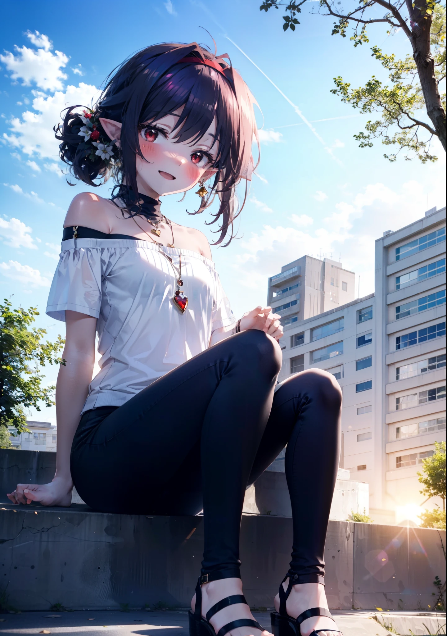 yuukikonno, Yuki Konno, hair band, Long Hair, Pointy Ears, Purple Hair, (Red eyes:1.5), (Small breasts:1.2), blush,happy smile, smile, Open your mouth,Purple cold shoulder top,Short sleeve,skinny pants,Heeled Sandals,Heart-shaped necklace,Sitting on the steps in the park,sunset,evening,The sun goes down,whole bodyがイラストに入るように,Looking down from above, break looking at viewer, whole body,break outdoors, School,courtyard, break (masterpiece:1.2), highest quality, High resolution, unity 8k wallpaper, (shape:0.8), (Beautiful and beautiful eyes:1.6), Highly detailed face, Perfect lighting, Extremely detailed CG, (Perfect hands, Perfect Anatomy),