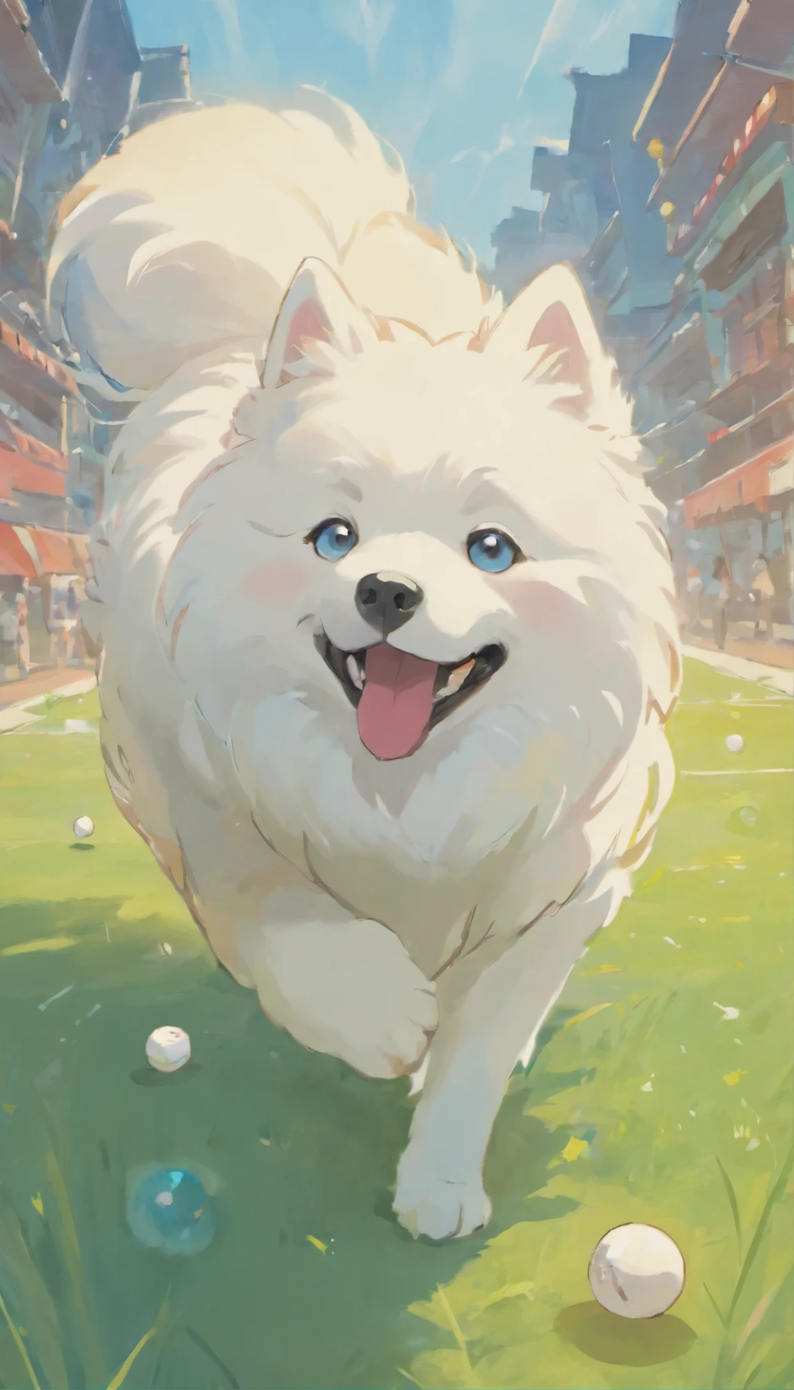 one dog,Samoyed dog,Playing with balls,Medium sized ball,Chasing the ball,Large lawn