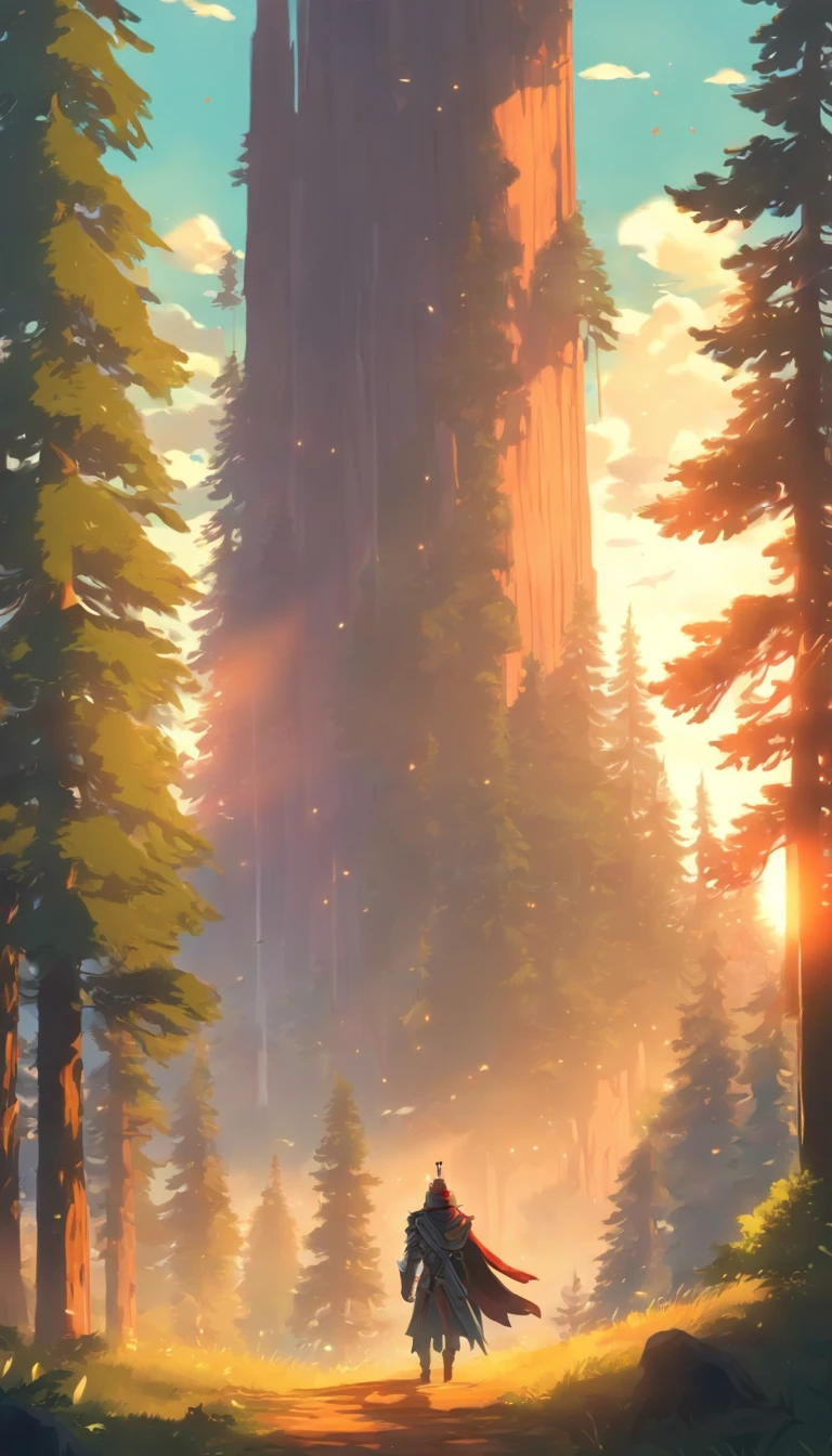 A beautiful place of nature, with Douglas fir trees and mountains, sunrays fromsunset, Artstyle like alto's adventure, Among trees game, with a Knight walking Facing front.